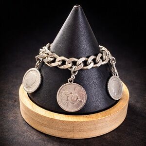 Vintage Monet Charm Bracelet Coin Hearts Chunky Silver Tone Mid Century